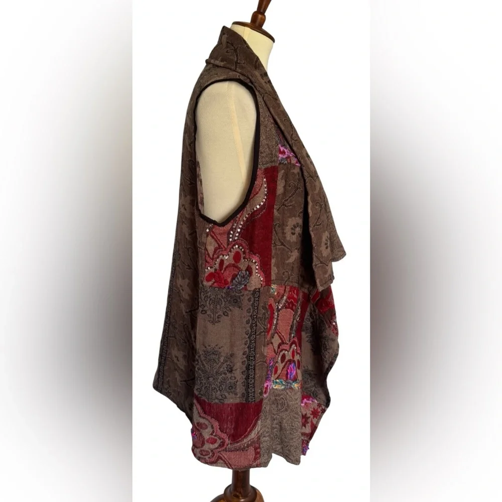 Anu Bohemian Brown Patchwork Draped Sleeveless Boho Vest Cardigan Size Medium - Picture 3 of 8